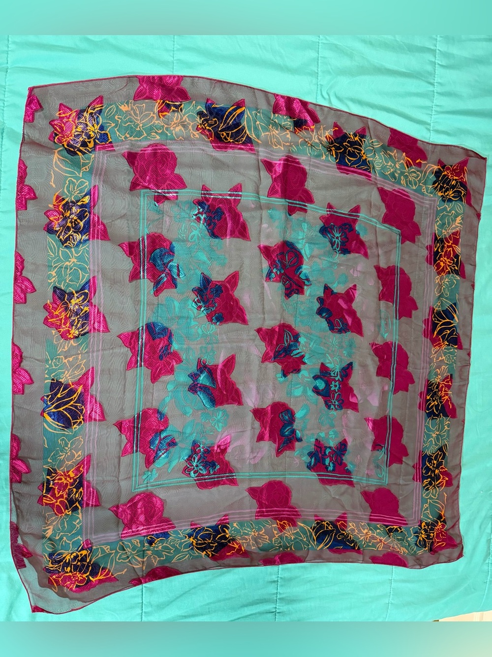 Sheer Floral Square Scarf in Magenta and Teal